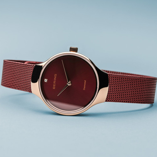 Bering Ladies Charity Red Dial With Diamond Milanese Bracelet Watch 13326-CHARITY