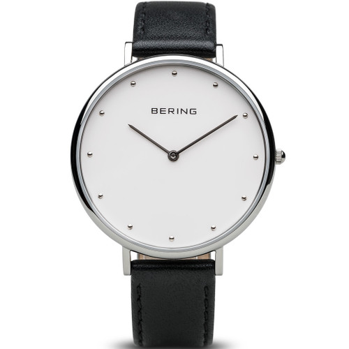 Bering Polished Silver Classic Sapphire White Dial Black Leather Strap Watch 14839-404