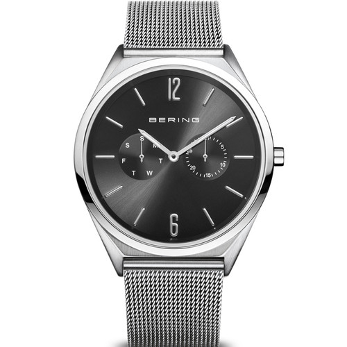 Bering Polished Silver Ultra Slim Sapphire Black Dial Silver Milanese Bracelet Watch 17140-002