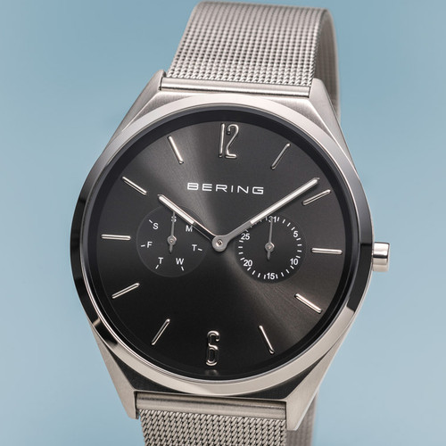 Bering Polished Silver Ultra Slim Sapphire Black Dial Silver Milanese Bracelet Watch 17140-002