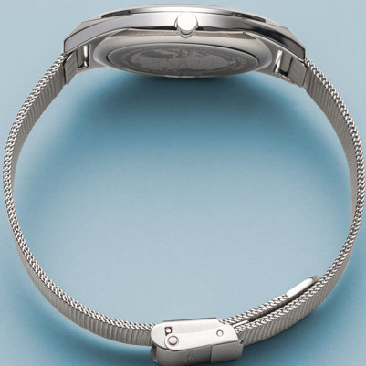 Bering Polished Silver Ultra Slim Sapphire Black Dial Silver Milanese Bracelet Watch 17140-002