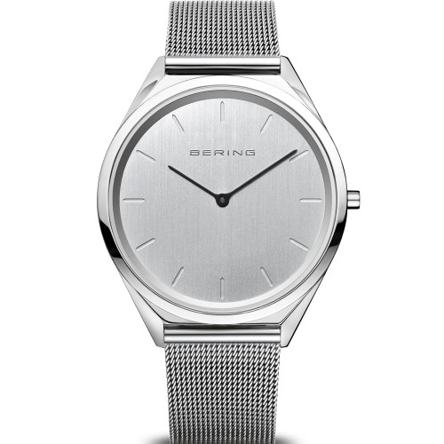 Bering Polished Silver Ultra Slim Sapphire Silver Dial Milanese Bracelet Watch 17039-000