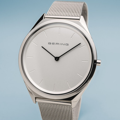 Bering Polished Silver Ultra Slim Sapphire Silver Dial Milanese Bracelet Watch 17039-000