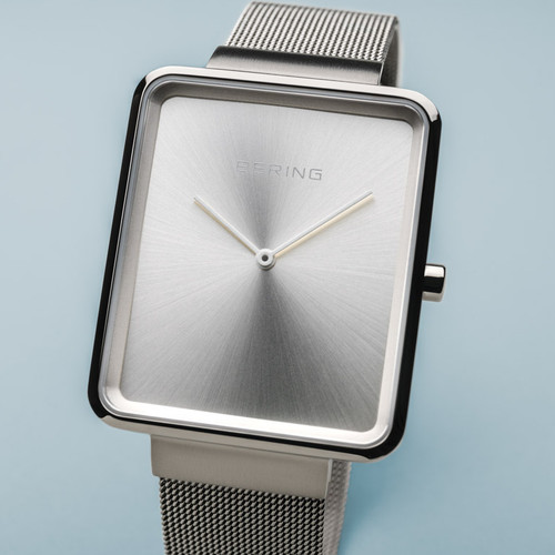 Bering Polished Silver Men's Classic Sapphire Silver Dial Milanese Bracelet Watch 14533-000