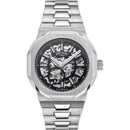 Rotary Regent Oak Automatic Skeleton Sapphire Black Dial Silver Bracelet Watch GB05415/04