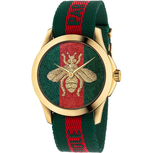Gucci Wonderland Unisex Sapphire Gold PVD Case Green And Red Bumble Bee Dial Nylon Strap Watch YA126487