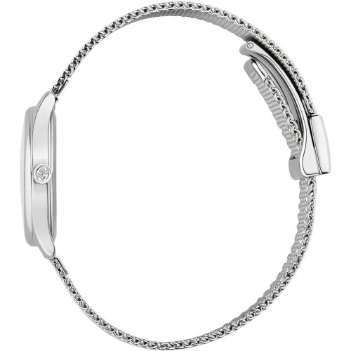 Gucci G-Timeless Ladies Sapphire White Mother Of Pearl Dial Silver Mesh Bracelet Watch YA126583