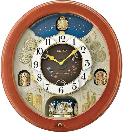 Seiko Wooden Case Swarovski Crystals Melodies In Motion Musical Wall Clock qxm376b
