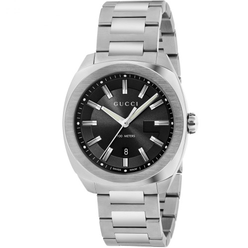 Gucci GG2570 Large Men's Sapphire Black Dial Silver Bracelet Watch YA142301