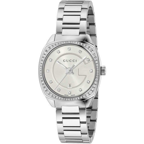 Gucci GG2570 Ladies Sapphire Diamonds White Dial Silver Bracelet Watch YA142505