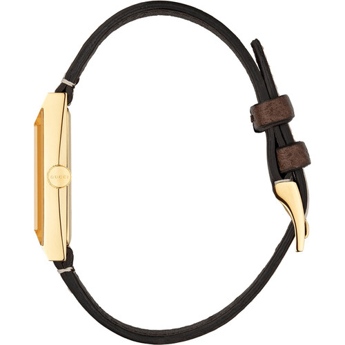 Gucci G-Frame Ladies Sapphire Floral White Mother Of Pearl Dial Gold PVD Case Leather Strap Watch YA147407