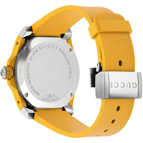 Gucci Dive Men's Sapphire Embroidered Tiger’s Head Yellow Dial Rubber Strap Watch YA136317