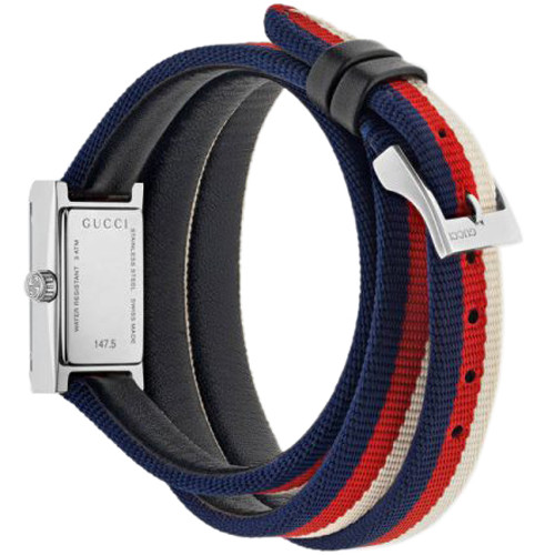 Gucci G-Frame Ladies Sapphire White, Red And Blue Dial Triple Loop Nylon Strap Watch YA147502