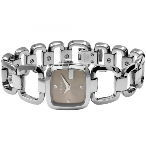 Gucci G-Gucci Ladies Sapphire Diamonds Brown Dial Silver Bracelet Watch YA125503