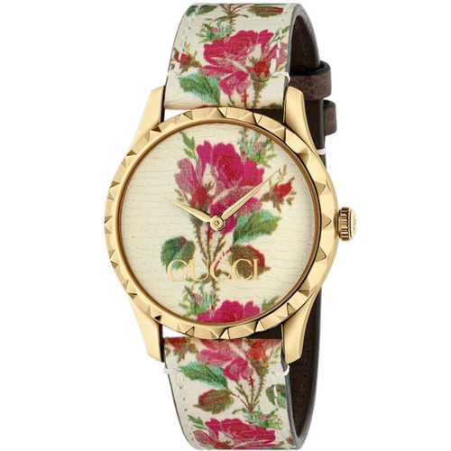 Gucci G-Timeless Ladies Sapphire Gold PVD Case Floral Leather Strap Watch YA1264084