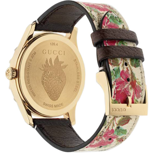Gucci G-Timeless Ladies Sapphire Gold PVD Case Floral Leather Strap Watch YA1264084