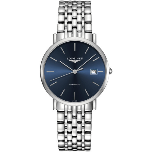 Longines Elegant Men's Automatic Sapphire Blue Sunray Dial Silver Bracelet Watch L4.810.4.92.6