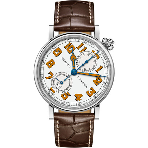 Longines Avigation Men's Automatic Sapphire Chronograph White Lacquered Dial Brown Leather Strap Watch L2.812.4.23.2