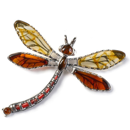 Henryka Exotic Dragonfly Yellow & Cognac Amber And Silver Pendant With Chain PH802/YC-AAG
