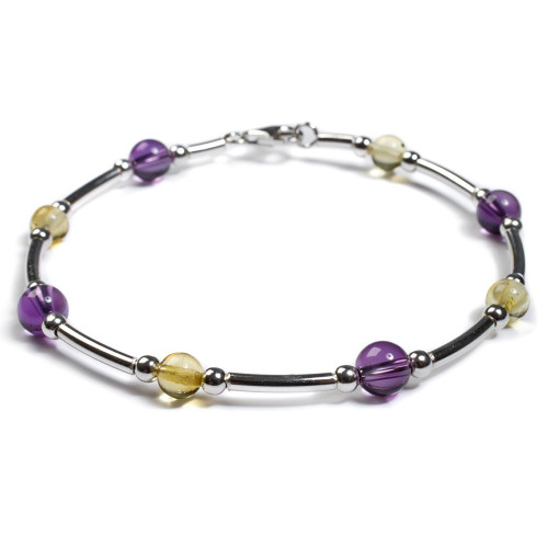 Henryka Amethyst & Yellow Amber And Silver Bead Tube Bracelet DC/525/AY-C