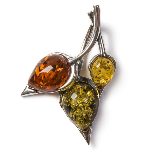 Henryka Nature Green, Yellow & Cognac Amber And Silver Beech Leaf Pendant With Chain PH303/CGY-B
