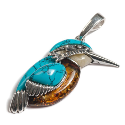 Henryka Kingfisher Large Silver, Amber And Turquoise Pendant With Chain PH800-AAG