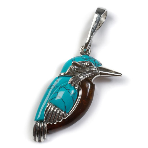 Henryka Kingfisher Small Silver, Amber And Turquoise Bird Pendant With Chain PH800/S-AAG