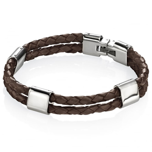 Fred Bennett Adventurer Men's Stainless-Steel Double Row Brown Leather 21.5cm Bracelet B3671