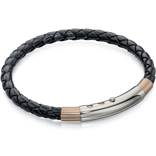 Fred Bennett New Gent Men's Rose Gold Plated Stainless-Steel Thin Black Leather Bracelet B4687