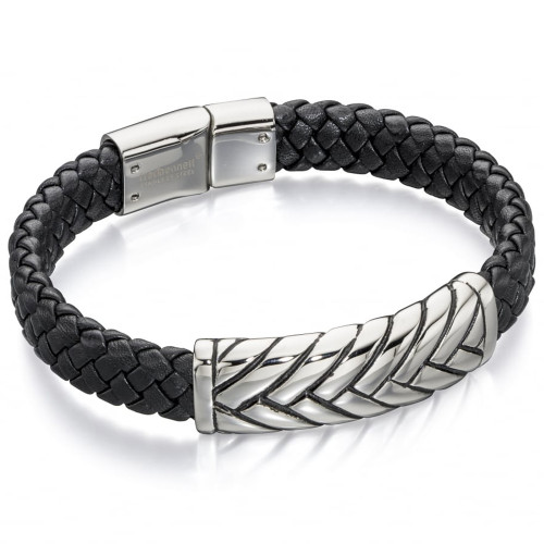 Fred Bennett Maverick Men's Stainless-Steel Plaited Design Black Leather Bracelet B4722