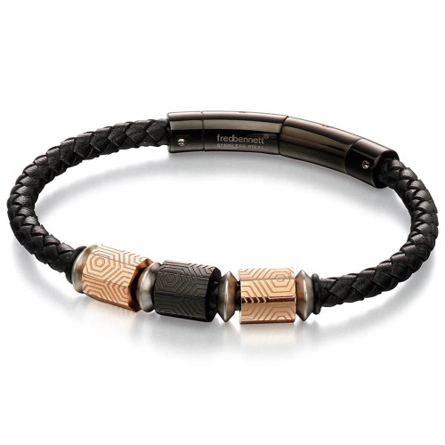 Fred Bennett New Gent Men's Stainless-Steel Rose Gold Plated Black Leather Bead Bracelet B4982