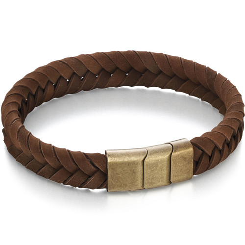 Fred Bennett Adventurer Men's Brushed Gold Ion Plated Stainless-Steel Brown Leather Bracelet B4985