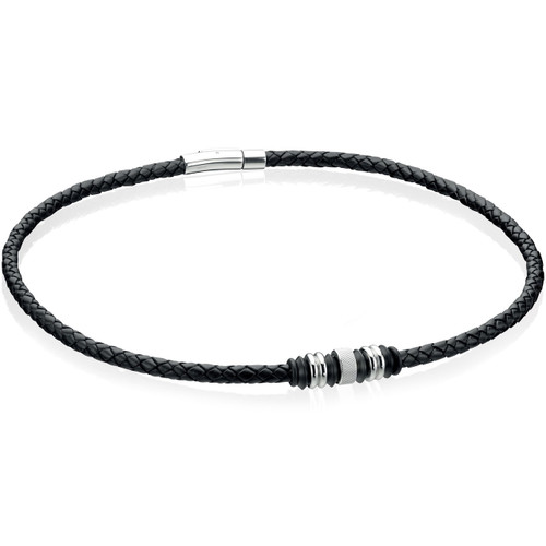 Fred Bennett Maverick Men's Stainless-Steel Black Leather Disc 50cm Necklace N3225