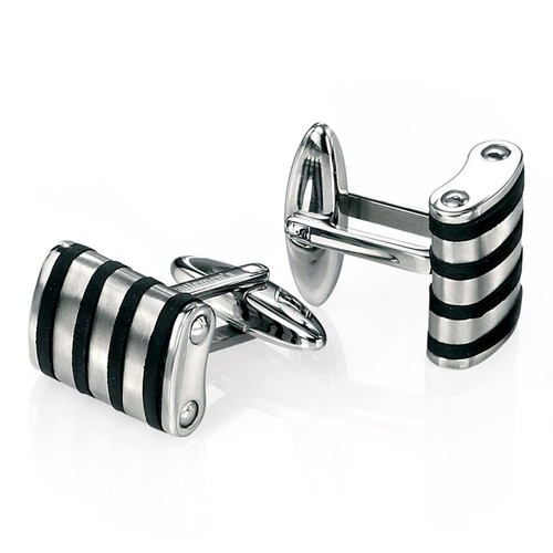Fred Bennett Men's Stainless-Steel Black Rubber Lines Cufflinks V381