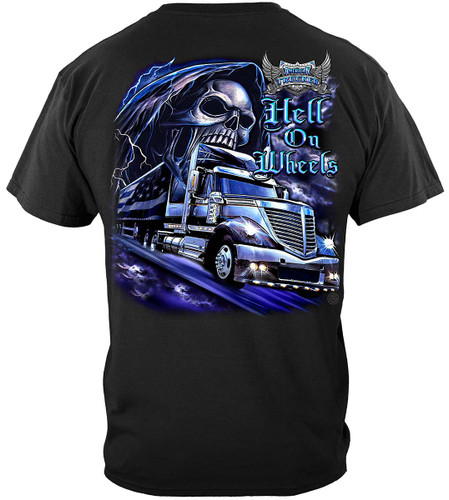 Trucker Hell On Wheels Blue Collar Worker 100% Cotton Black T-Shirt