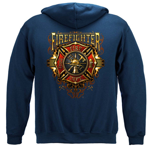 Firefighter Flames Gold Shield Firefighter 8oz 50/50 Navy Hooded Sweat Shirt