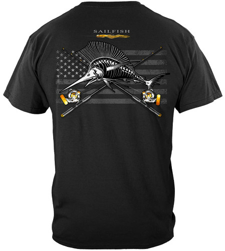 Black Flag Patriotic Sailfish Fishing 100% Cotton Black T-Shirt