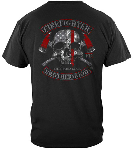 Firefighter Brotherhood Skull Thin Red Line Firefighter 100% Cotton Black T-Shirt