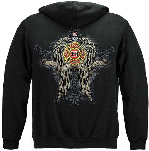 Firefighter Skull Wings Full Firefighter 8oz 50/50 Black Hooded Sweat Shirt