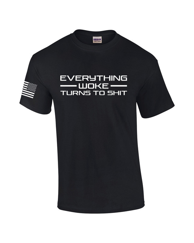 Everything Woke Turns to Shit Donald Trump Funny Rally Quote American Flag Sleeve Men's Short Sleeve T-shirt