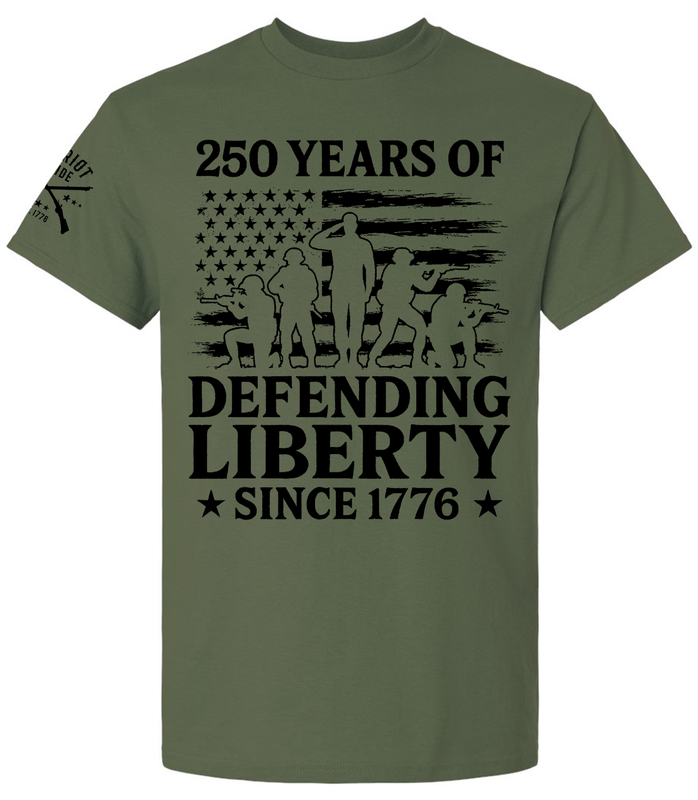 Patriot Pride Men's Graphic T-Shirt - Soliders In American Flag, 250 Years of Defending Liberty Since 1776 Design