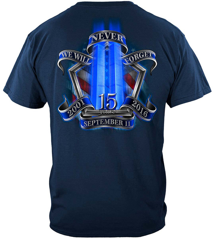 911 Tribute 15 Year Anniversary Patriotic 100% Cotton Navy T-Shirt