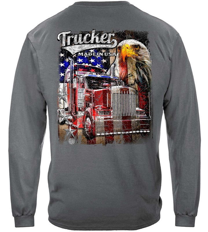 Trucker American's Pride Flag Blue Collar Worker 100% Cotton Charcoal Gray Long Sleeves T-Shirt