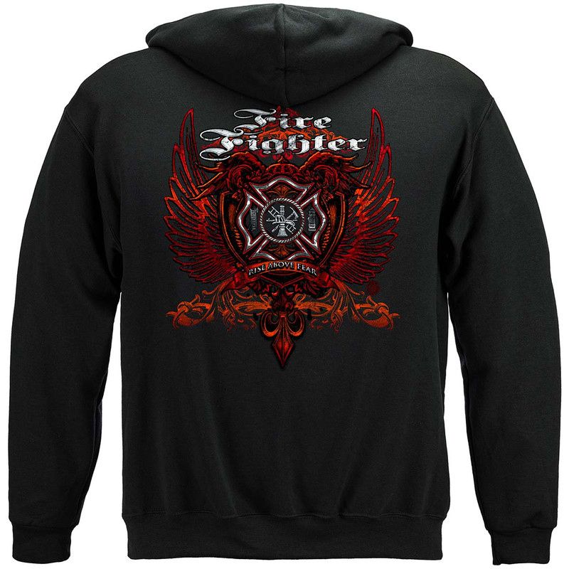 Firefighter Red Wings Rise Above Fear Firefighter 8oz 50/50 Black Hooded Sweat Shirt