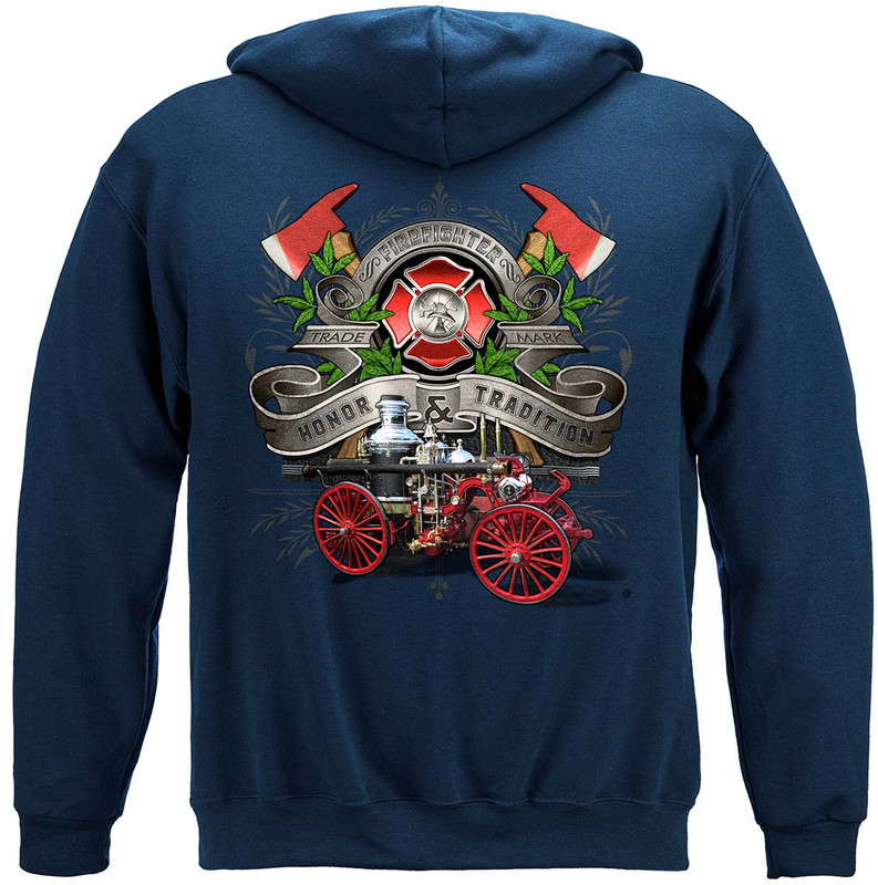 Firefighter Traditional Anique Pump Truck Firefighter 8oz 50/50 Navy Hooded Sweat Shirt
