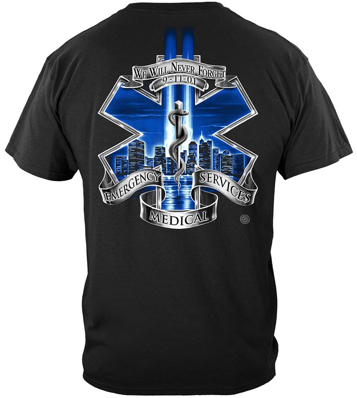911 EMS Blue Skies We Will Never Forget EMS 100% Cotton Black T-Shirt