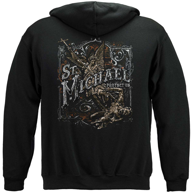 Firefighter St. Micheal's Protect Us Firefighter 8oz 50/50 Black Hooded Sweat Shirt
