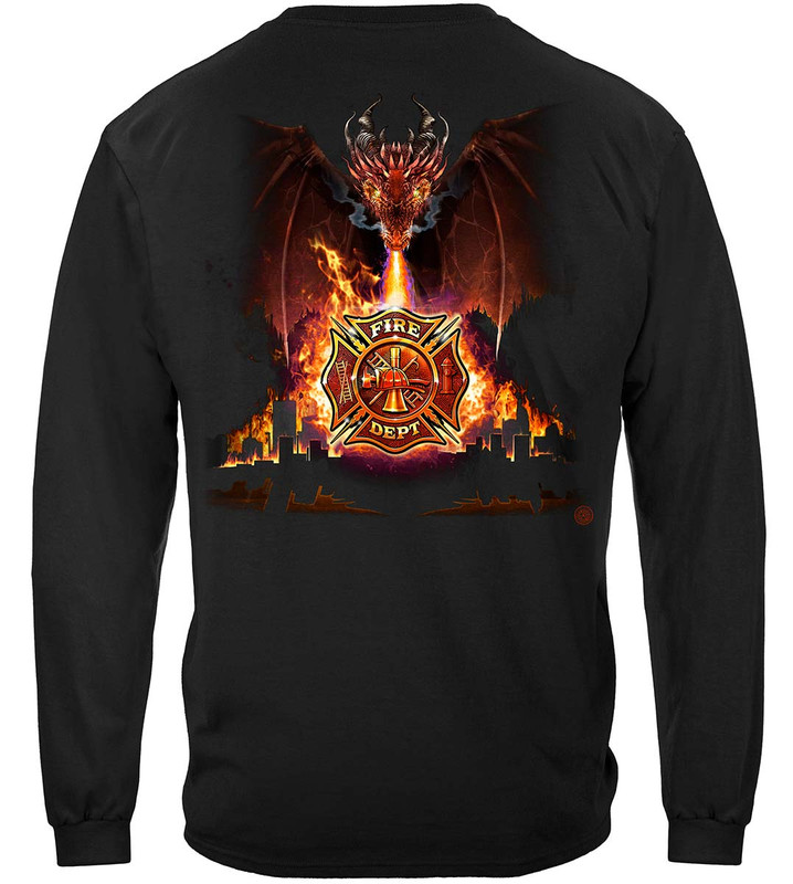Firefighter City Dragon Firefighter 100% Cotton Black Long Sleeves T-Shirt