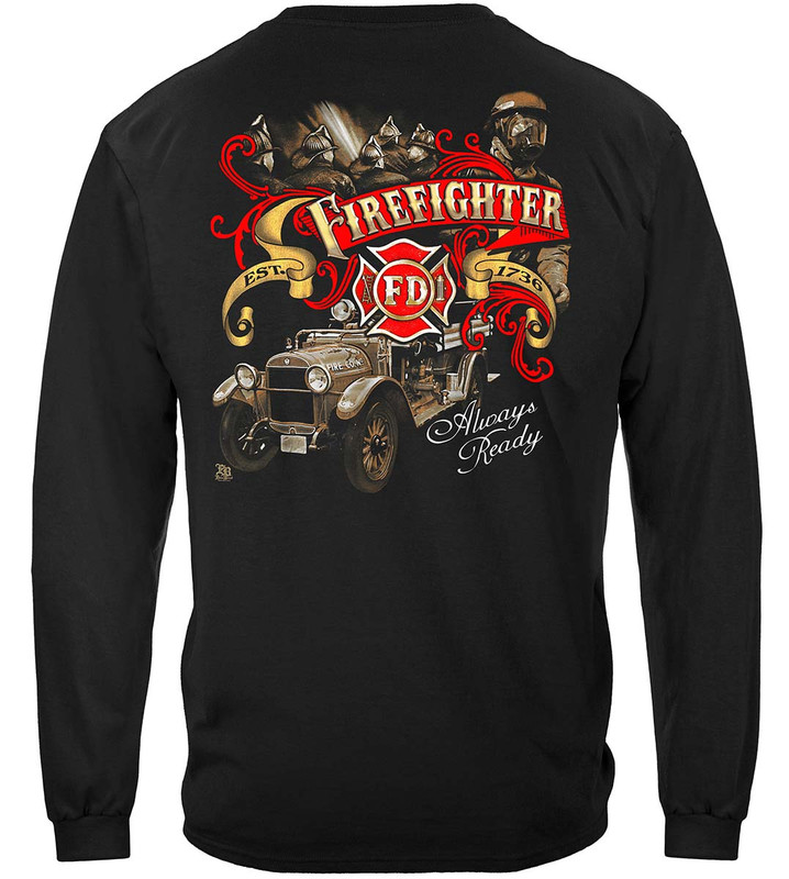 Elite Breed Antique Fire Dept Firefighter 100% Cotton Black Long Sleeves T-Shirt