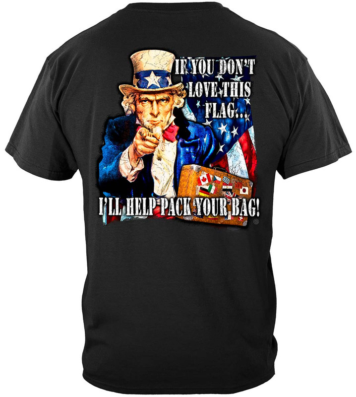 Uncle Sam Pack Your Bags Flag Design Patriotic 100% Cotton Black T-Shirt